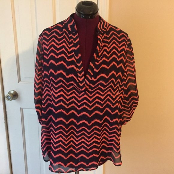 SAY ANYTHING WOMAN'S SIZE 1X PULLOVER V-NECK TOP SHEER SHIRT 3/4 SLEEVES BLOUSE - Picture 1 of 5